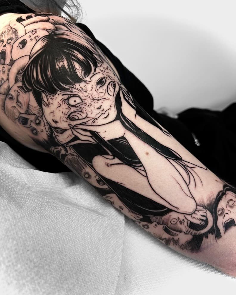 Fine line anime girl tattoo — illustrative manga-inspired portrait with expressive linework on forearm